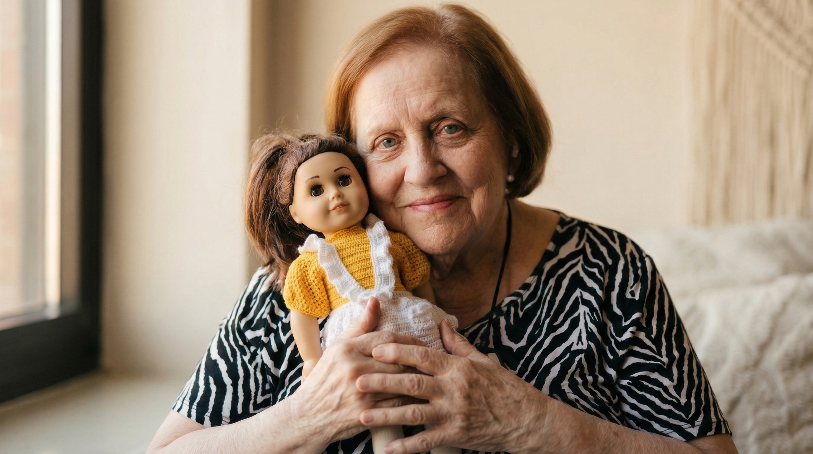 Mary Anne holding her handmade crochet figurine — crocheting since 1950